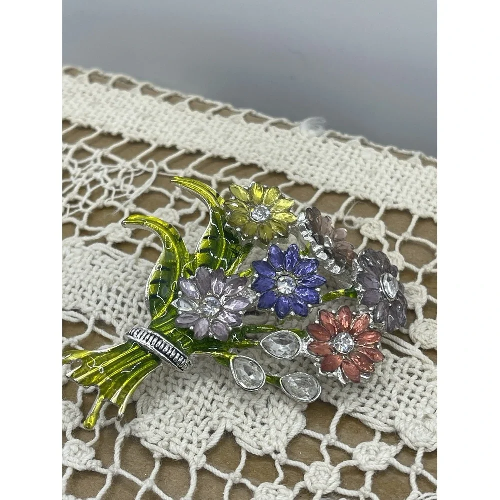 Vintage Silver Tone Multicolor‎ Enamel Floral Bouquet Brooch